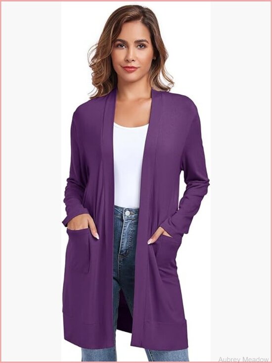Sweaters - Lightweight Long Sleeve Open Front Cardigan with Pockets
